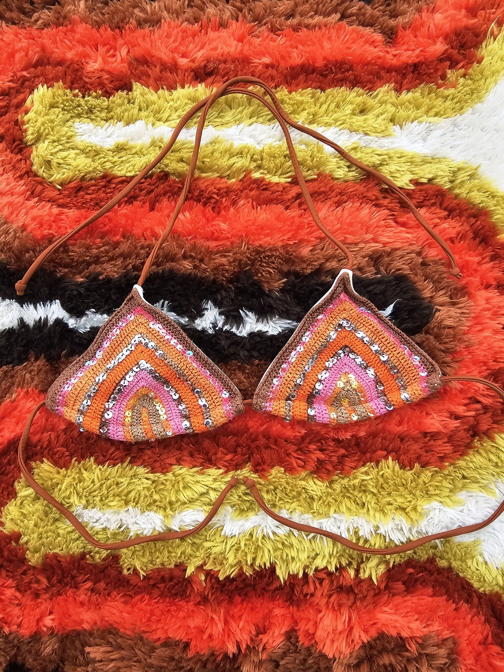 Y2K IN MOCEAN Sequined Crochet Triangle Bikini Top Orange & Pink Festival Hippie